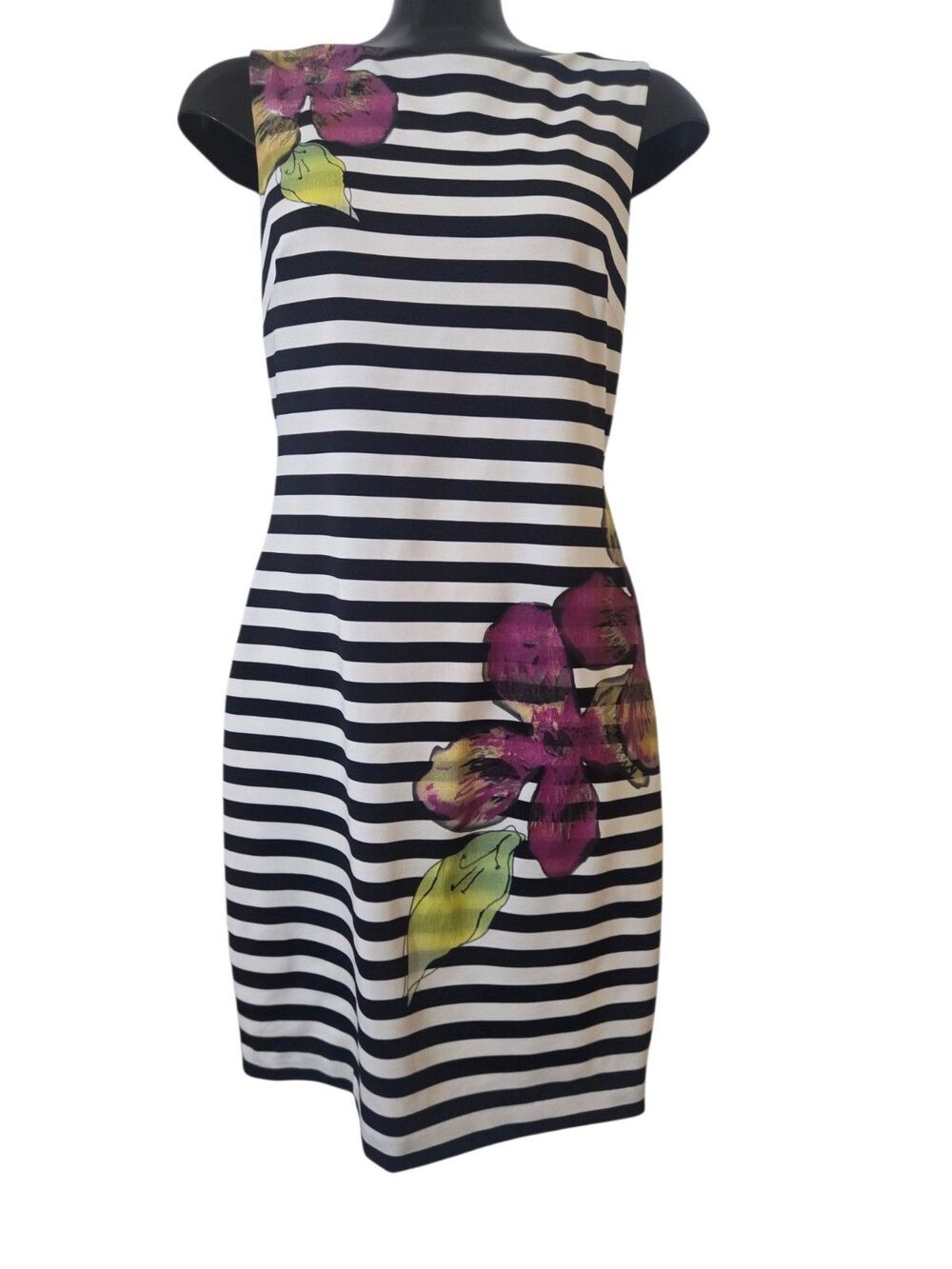 Cache Black/White Striped Floral Sheath Dress Sleeveless Stretch Lined Zip 8 F18